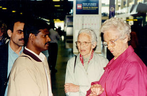 Copenhagen Airport. Check out. From left: unknown, Reverend Socrates, Helga Olesen and Kirsten