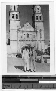 Fr. Manuel Vadilla and Fr. Robert Lee, MM, in front of Cathedral of Campeche, Mexico, ca. 1947