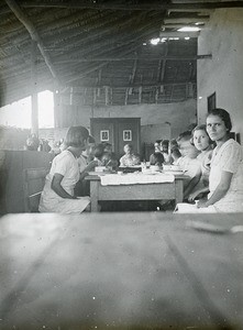 Meal in mission institution, Peru, ca. 1947