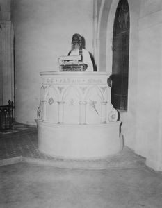 Tiruvannamalai, South Arcot. An Indian pastor preaching at the Carmel Church. On the pulpit are