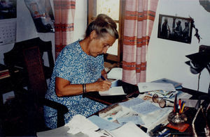 East Jeypore, Gunupur, Orissa, India. The DMS Missionary Kæthe Andersen, at the working desk of