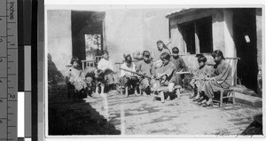 Blind girls making baskets, Yeung Kong, China, ca. 1935