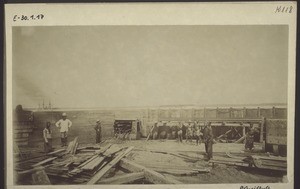 Harbour installations under construction. Cameroon. German warship. Wuri River