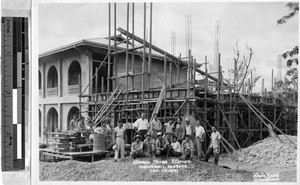 Group portrait of workers in front of new annex to Maryknoll Academy, Lucena, Philippines, January 24, 1939