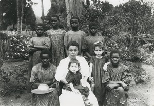 Mrs Teisseres with pupils of the mission school, in Lambarene, Gabon