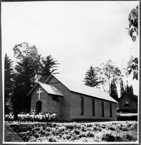 Group of children in front of the church building, Gonja, Tanzania, ca.1937-1938