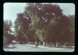 Man in hat crossing street