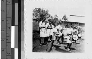 School band playing flutes and drums, Africa, 1948