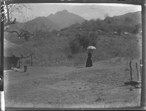 Miss Jacot in a village near Shilouvane, South Africa, ca. 1901-1907