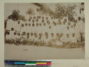 Leprous children gathered outside the church, Ambohipiantrana, Antsirabe, Madagascar, 1901