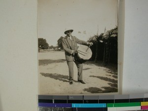 A man playing a drum, Morombe, Madagascar, 1931