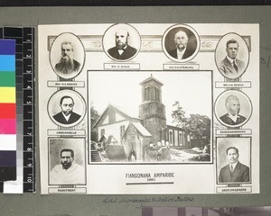 Montage print of Amparibe church and personnel, ca. 1920