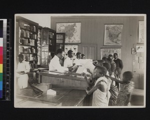 Staff and students inside mission school book shop, West Africa, 1926