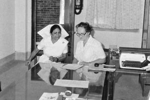 Dhaka, Bangladesh 1980. Missionary, Dr. Else Høilund with the Matron, Sher-e-Bangla Hospital