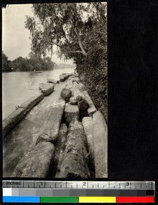 Driving logs downstream, Sichuan, China, ca.1920