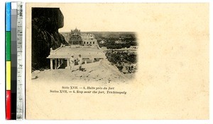 Two travellers observing an aerial view, Tiruchchirappalli, India, ca.1920-1940