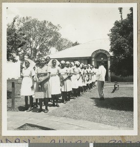 Hospital staff gathering for church, Chogoria, Kenya, ca.1960