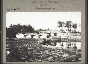 Gehöft i. d. Nähe v. Kaying (im Hintergund Heubündel, die rings um Föhren aufgespeichert werden)