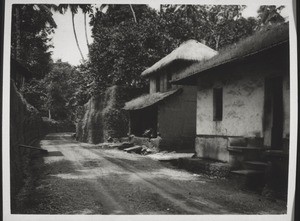 Moodbidri. Typical Malabar street with moss covered walls