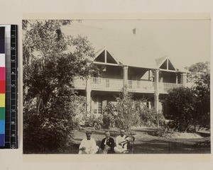 Three missionaries outside mission house, Antananarivo, Madagascar, ca. 1890-1900