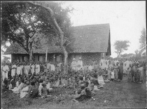 Church attendees after the service, Mwika, Tanzania, ca.1900-1914