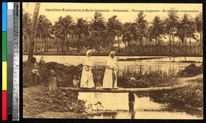 Missionaries crossing a river, Hindustan, India, ca.1920-1940