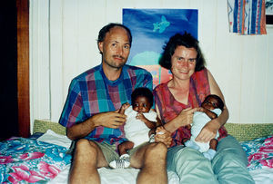 Kjeld and Lone Ahlers Jensen with their Malagasy twins. Antsiranana, 2002