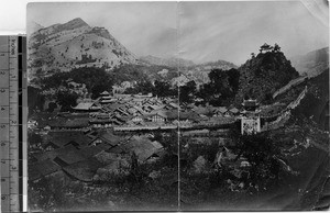 Small walled city in mountains near Yibin, Sichuan, China, ca.1915-1925