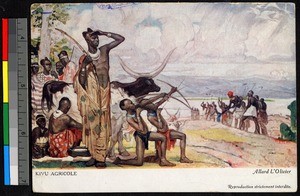 Drawing of cattle and people holding bows, Congo, ca.1920-1940