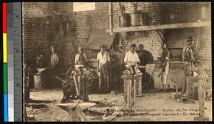 Young men working in a blacksmith's shop, Congo, ca.1920-1940