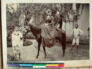 Else Ueland on horseback, Fandriana(?), Madagascar, ca.1893