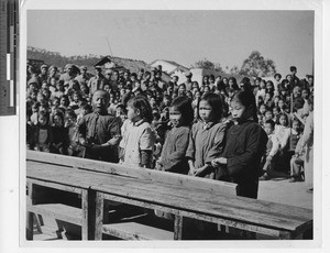 Children hold a mock trial at Wuzhou, China, 1949