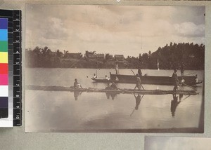 View of rowing boats on river, Betsimisaraka, Madagascar, ca. 1910