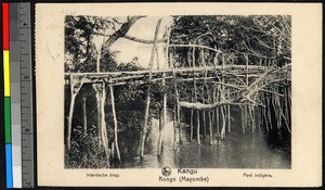Narrow wooden bridge crossing a river, Congo, ca.1920-1940