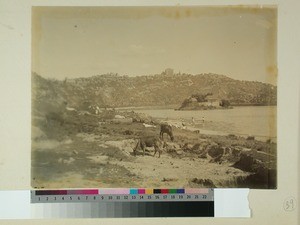 Anosy lake and view of the Queen's Royal Palace in the background, Antananarivo, Madagascar, ca.1895