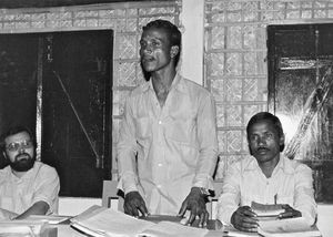 Bangladesh Lutheran Church, 1983. Rev. Dhoroni Bormon speaking at a BLC meeting. Missionary Mor