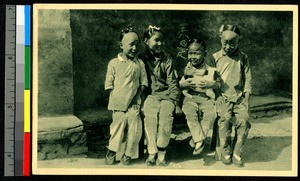 Little girls with a puppy, China, ca.1920-1940