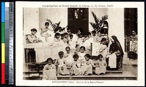 Children doing handicrafts with nuns, Puducherry, India, ca.1920-1940