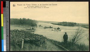 Missionary fathers fishing from canoes, Canada, ca.1920-1940