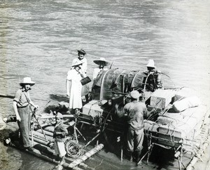 Travel by raft, Peru, ca. 1947