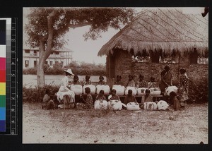 Female missionary with women making lace, Tamil Nadu, India, ca. 1900