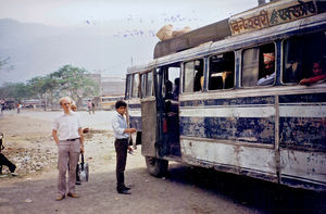 Nepal, April 1986. Secretary General of DSM, Jørgen Nørgaard Pedersen at the bus between Butwal