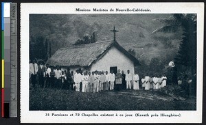 Clergy and villagers in front of chapel near Hienghène, New Caledonia, ca.1900-1930