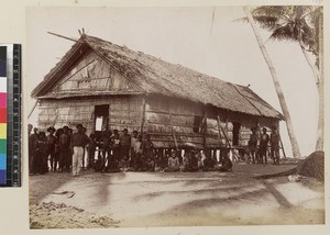 View of group outside church, Lealea, Papua New Guinea, ca. 1890