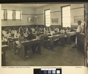 Trainee teacher with a class, Lovedale, South Africa, ca.1938