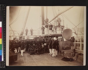 Group of indigenous men including chiefs on board ship, Papua New Guinea, ca.1884