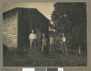 Group portrait at Mount Kenya rest hut, Kenya, ca.1925