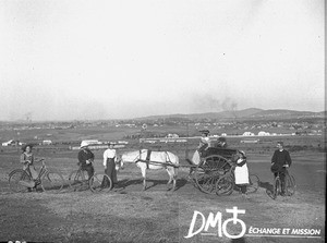 Swiss missionaries on cart and bicycles, Pretoria, South Africa, ca. 1896-1911