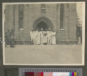 Wedding party outside a church, Domasi, Malawi, ca.1926