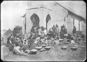 African people in front of a chapel, southern Africa, ca. 1880-1914